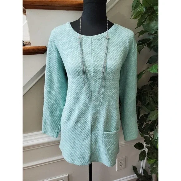 Pure Jill Women's Blue Cotton Round Neck Long Sleeve Casual Blouse Size Medium - Picture 2 of 11